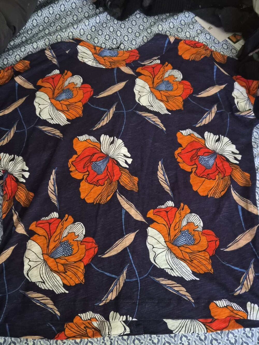 Tahari Navy Floral Tee with Bold Orange Blooms
